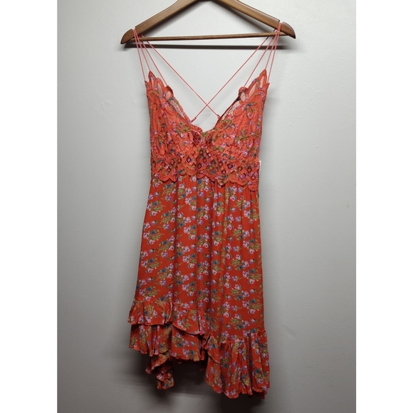 Free People Dresses & Skirts - New Free People Mini Dress Women Size L Red Floral Sleeveless Ruffle Whimsical